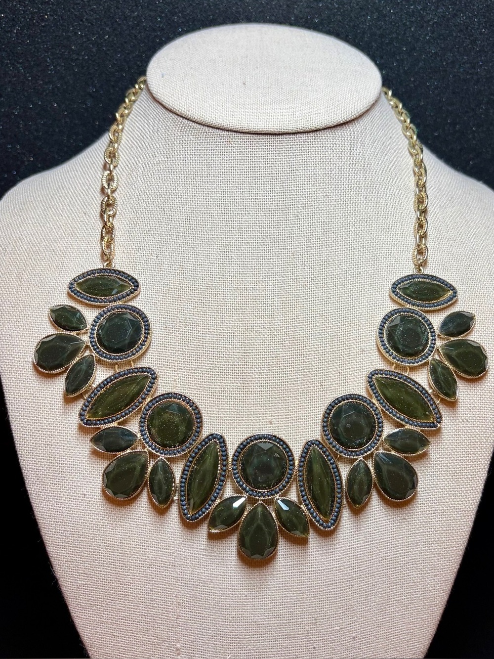 Gold Tone Olive Green Faceted Stone Statement Bib Necklace